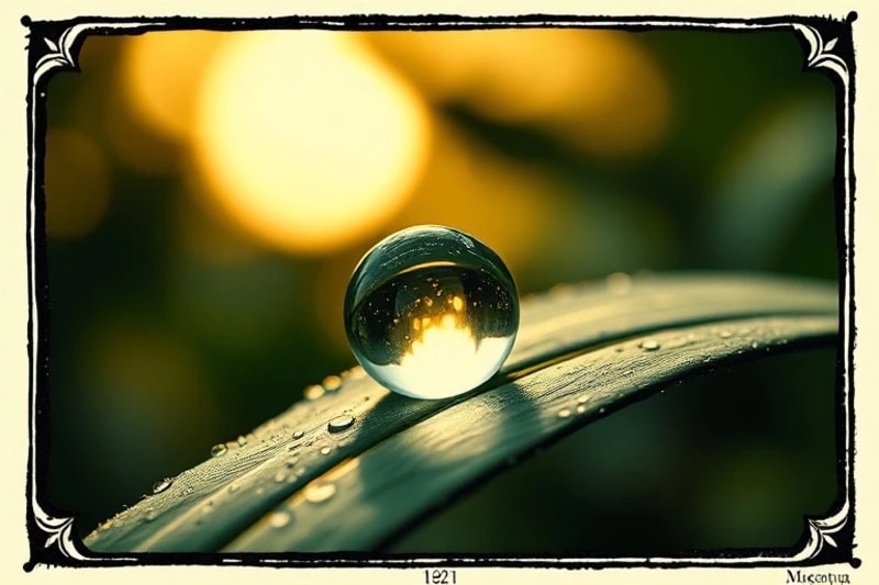 Primer plano de una gota de rocío en una hoja, reflejando un pequeño cristal, con un fondo botánico suavemente desenfocado.