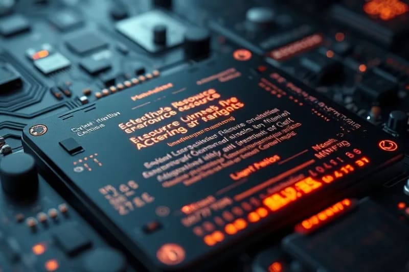 Primer plano macro de una tableta futurista con proyecciones holográficas de cláusulas legales sobre propiedad de recursos extraterrestres, con un fondo sutil de nebulosa.