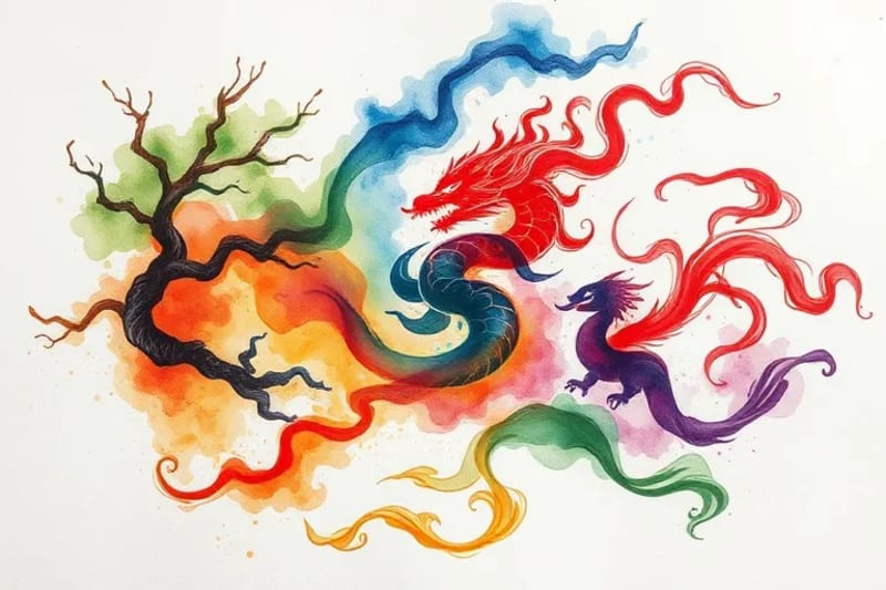 Ilustración abstracta en acuarela de los cinco elementos chinos interconectados, representando su ciclo de interacción.