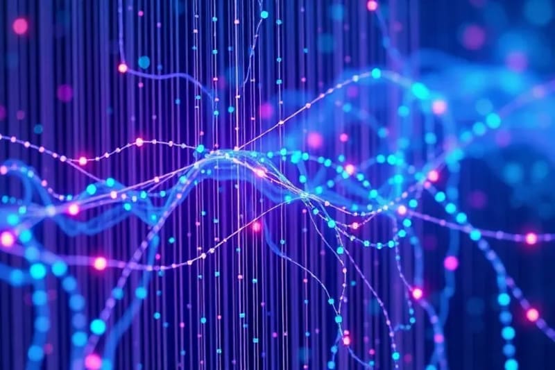 Representación abstracta de una red neuronal con patrones de ábaco integrados, en tonos modernos.