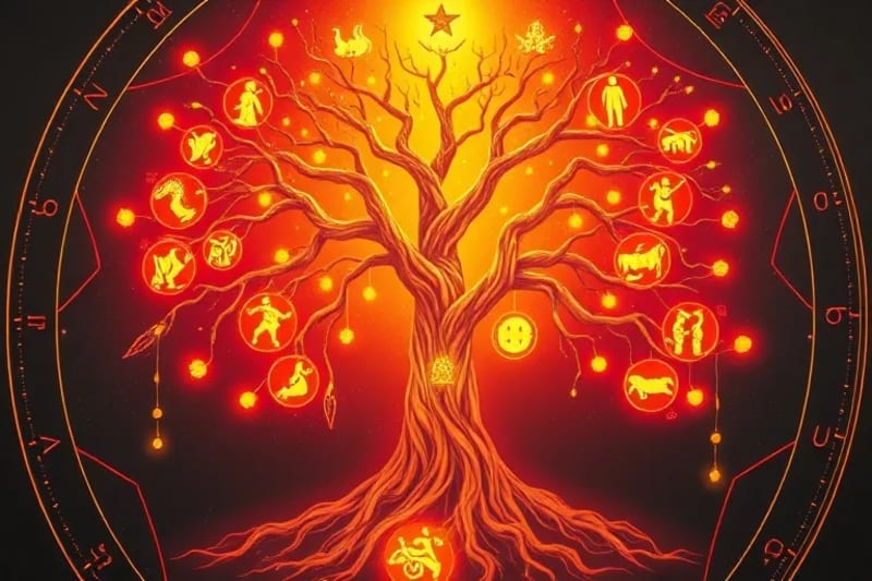 Representación 3D de un árbol genealógico estilizado con raíces ancestrales y ramas modernas, simbolizando la herencia transgeneracional.