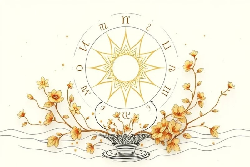 Abstract digital painting depicting golden vines, blooming flowers, and flowing water, representing the concept of natural abundance and prosperity.