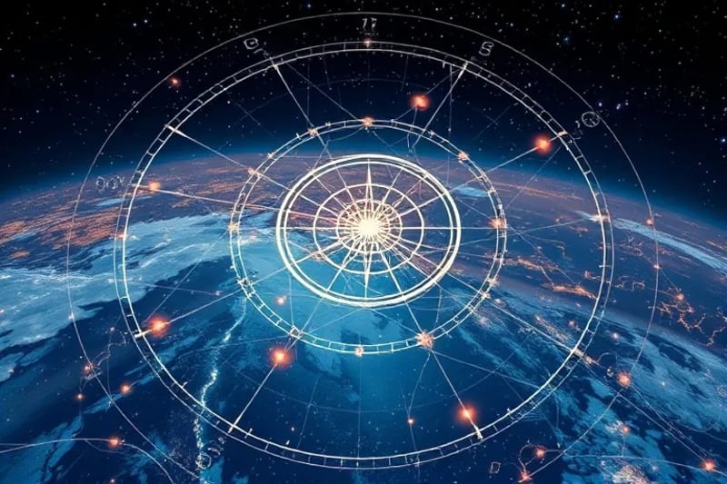 Pintura digital de partículas cuánticas interconectadas formando una red energética sobre un mapa meteorológico, con símbolos astrológicos.