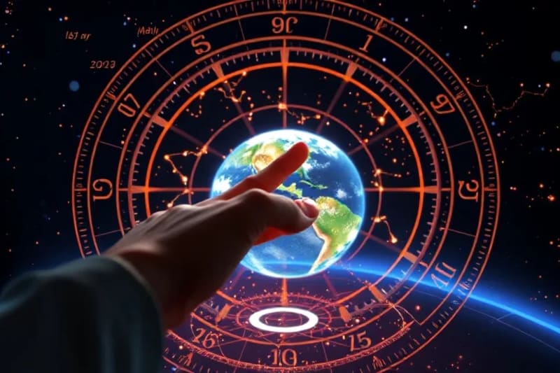 Mano estilizada tocando una proyección holográfica de la atmósfera terrestre, con patrones meteorológicos y una carta astrológica sutil.