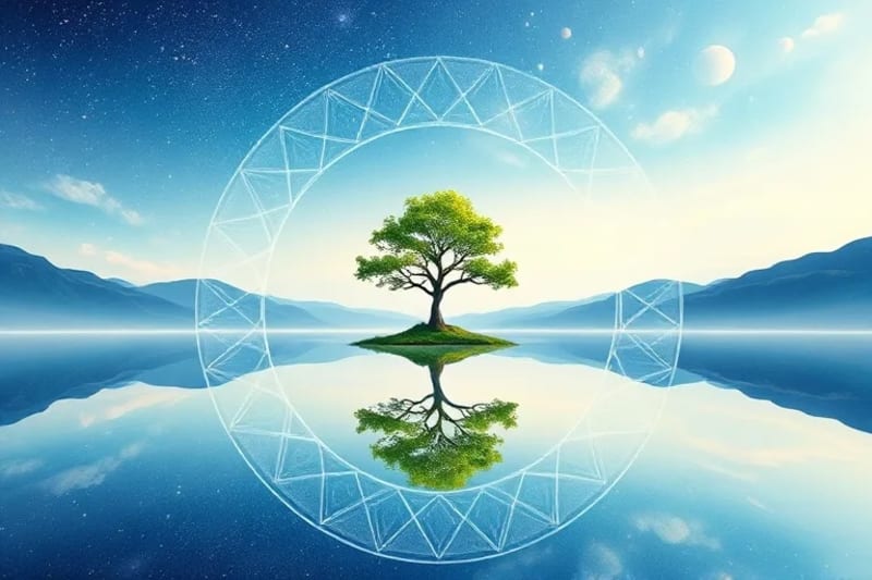 Watercolor illustration of a serene lake reflecting a clear sky, with a single elegant tree on the shore, embodying peace, balance, and natural harmony.
