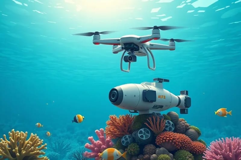 Dron aéreo y robot submarino colaborando en la restauración de un arrecife de coral, con un estilo de arte vectorial
