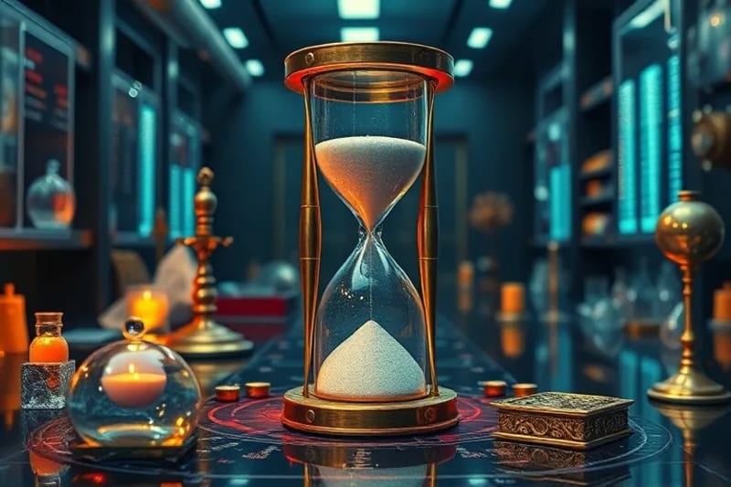 Un antiguo reloj de arena con arena fluyendo hacia un circuito digital, simbolizando la convergencia del tiempo y la tecnología.
