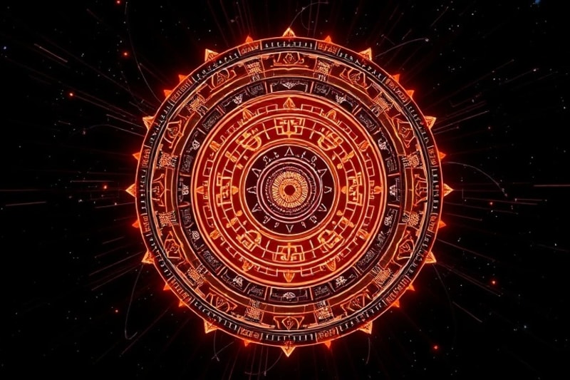 Stylized Tzolkin calendar with glowing data streams