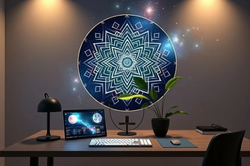 Render 3D de un escritorio minimalista con una tableta mostrando un plan de Feng Shui personalizado y una planta en un entorno optimizado por IA.