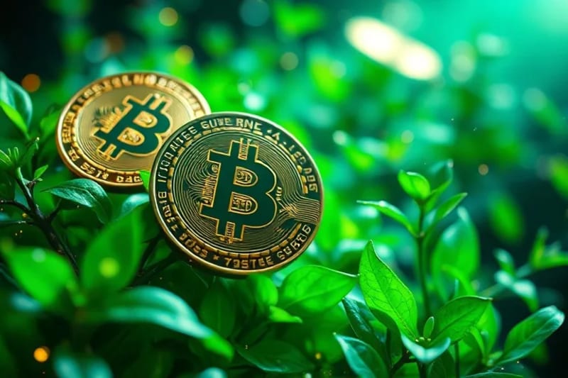 Monedas digitales y hojas verdes entrelazadas, simbolizando la fusión de criptoactivos y sostenibilidad.
