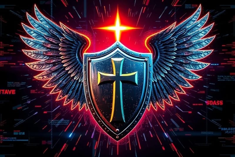 Escudo con símbolos de San Miguel Arcángel desviando ataques digitales