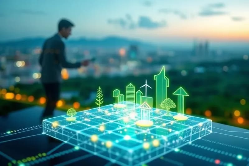 Un libro mayor financiero transparente con flujos de datos y símbolos de energía renovable, representando finanzas verdes.