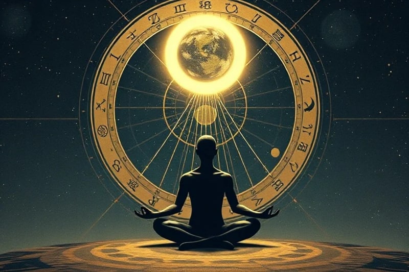 3D render of a stylized human meditating under a celestial sphere, with subtle energy lines connecting to planetary symbols, one of which is at a station, emitting a focused beam of light.
