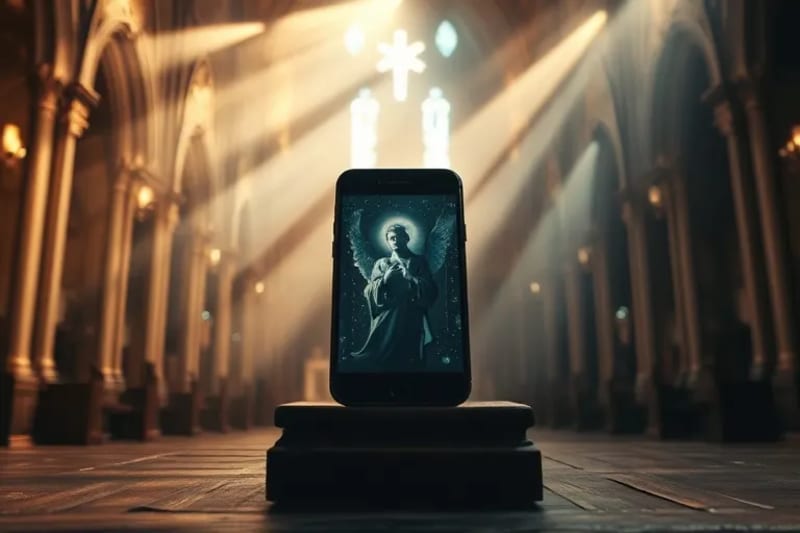 Smartphone antiguo con una figura borrosa y luminosa en la pantalla, sobre un altar rústico de madera