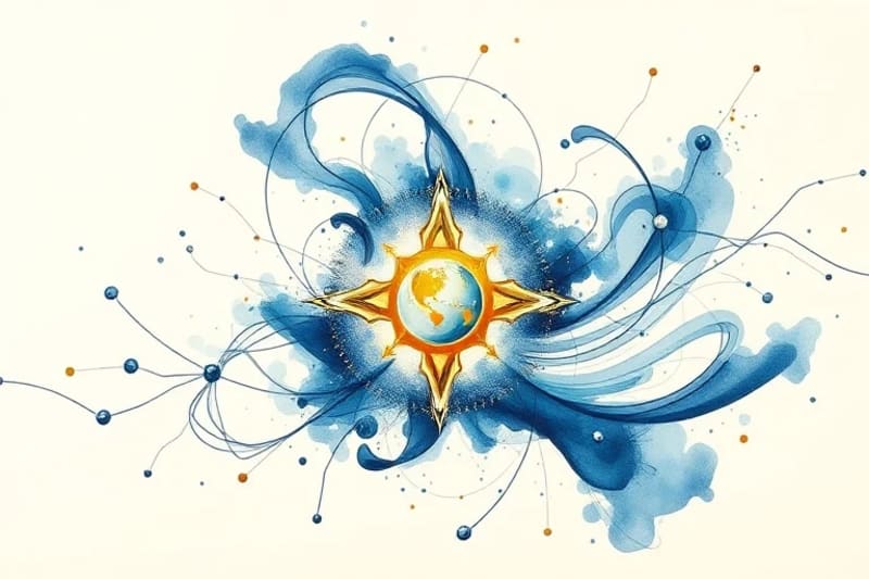 Pintura abstracta en acuarela con remolinos de colores azules, dorados y blancos, que sugieren flujos de datos y energía espiritual, con símbolos marianos sutiles