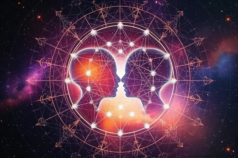 Abstract human silhouettes with overlapping energetic fields connected by light threads, symbolizing non-local soul connections.