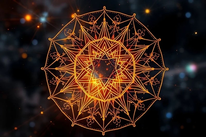 Intricate crystal lattice structure glowing with internal light, symbolizing the complex energetic architecture of a relationship.