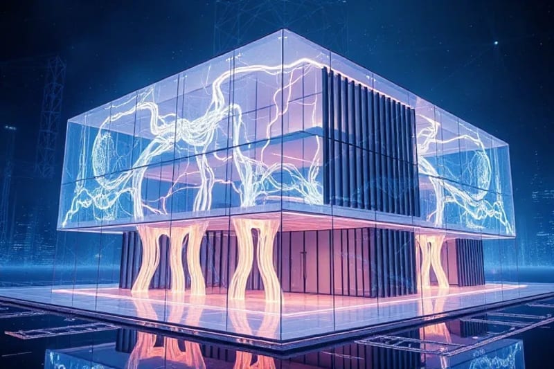 Render 3D abstracto de vías neuronales luminosas dentro de un modelo arquitectónico, simbolizando la conexión entre cerebro y diseño.