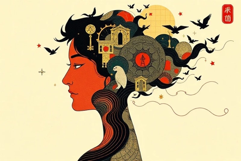 Stylized human head with geometric patterns, symbolizing the mind's complexity and AI's analytical approach to abstract thought.
