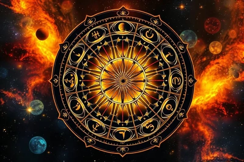 Representación estilizada de la Rueda de la Fortuna con símbolos planetarios
