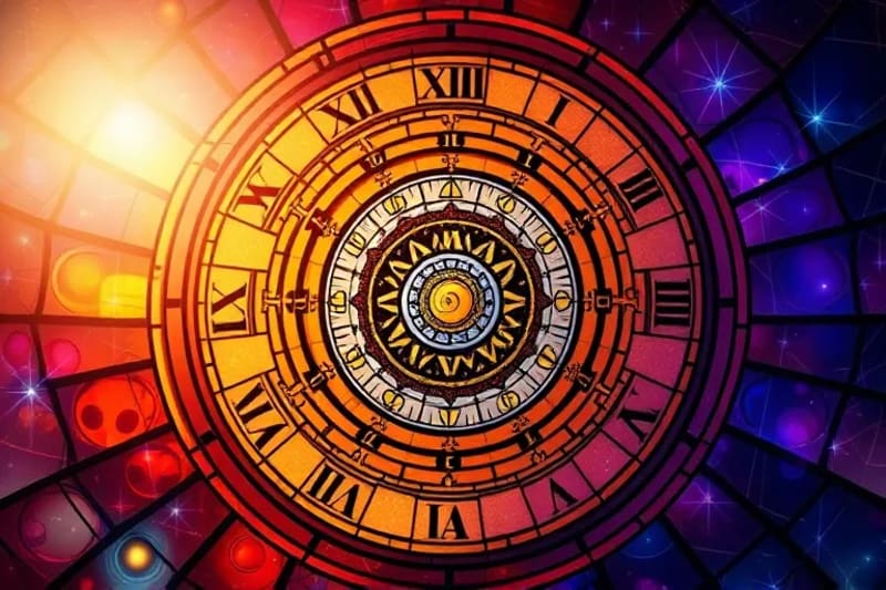 Visualización abstracta de un reloj cósmico con engranajes planetarios