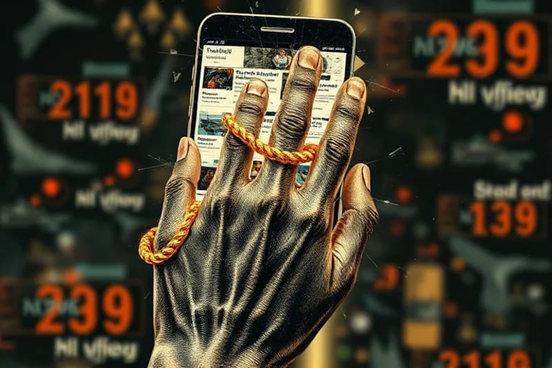 Pantalla de smartphone rota con reflejos distorsionados de noticias falsas y redes sociales, simbolizando la adicción digital y sus efectos.