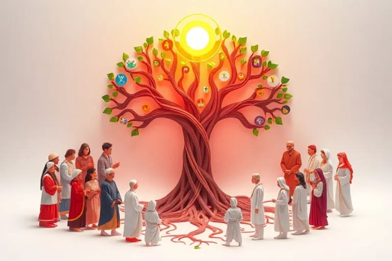 Ilustración vectorial de un grupo diverso de personas alrededor de un árbol de conocimiento digital, con símbolos de verdad y comunidad.