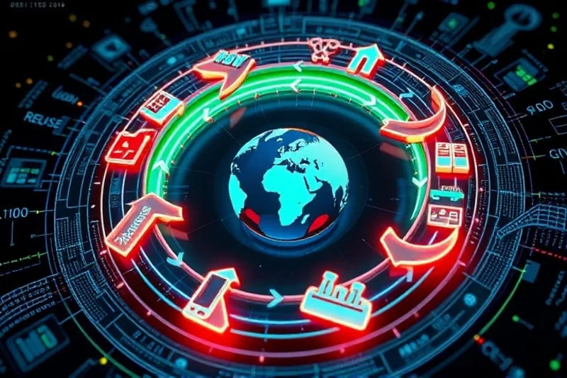 Infographic illustrating a circular supply chain with arrows showing design, production, consumption, collection, reuse, repair, remanufacture, and recycle phases.