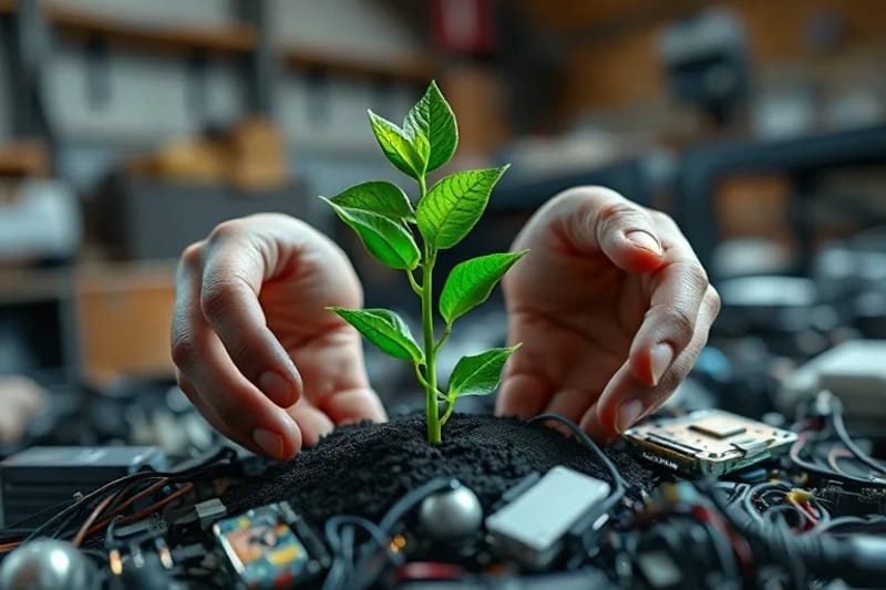 Hands planting a green sapling into electronic waste, symbolizing regeneration and the transformation of waste into new life in a regenerative economy.