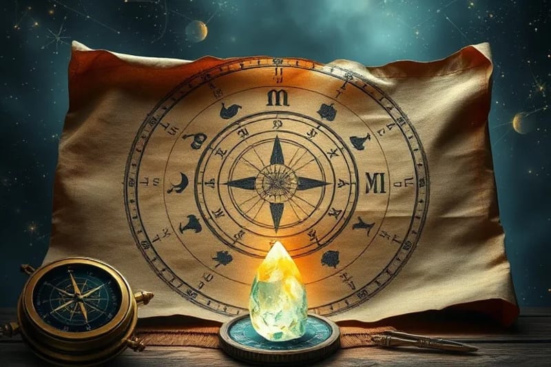 Antiguo pergamino con símbolos astrológicos de los Nodos Lunares, junto a una brújula y un cristal.