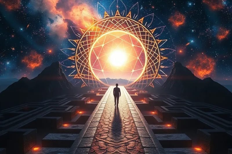 Puente de luz que conecta un laberinto sombrío con un faro brillante, simbolizando la superación del karma.