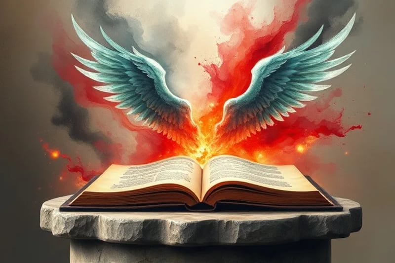 Pintura acuarela de símbolos globales de conflicto y paz entrelazados con alas angelicales luminosas, representando la guía celestial y el equilibrio global.