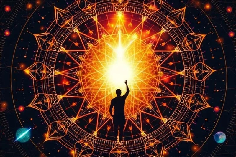 Digital painting of glowing geometric shapes and celestial bodies, human silhouette reaching for light