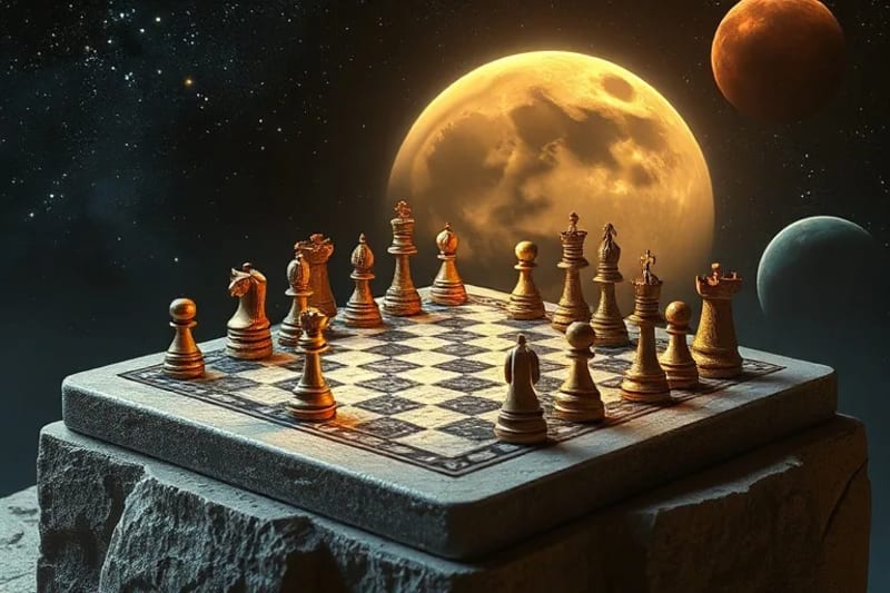 Render 3D de un tablero de ajedrez cósmico con piezas abstractas que representan poderes globales, con hilos energéticos sutiles conectados a manos celestiales invisibles, simbolizando la estrategia divina.
