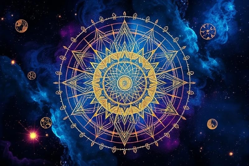 Abstract art with swirling energetic patterns, ancient runic symbols, and alchemical diagrams