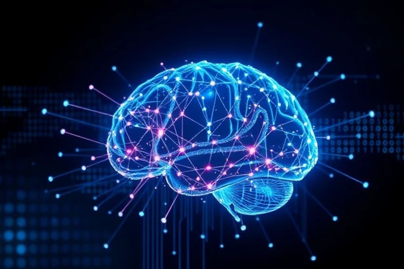 Representación abstracta de la mente humana como una red neuronal luminosa, con flujos de datos intentando penetrarla.