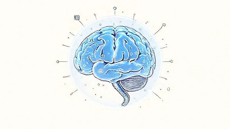 Modelo 3D estilizado de un cerebro transparente dentro de un escudo protector brillante, rodeado de iconos digitales.