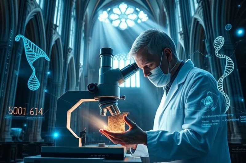 Científico forense examinando tela antigua bajo microscopio