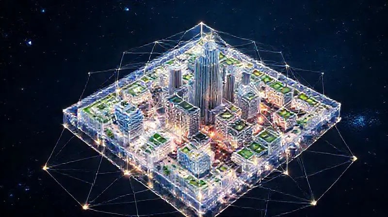 Transparent 3D model of a city block showing invisible energy lines flowing through buildings and green spaces