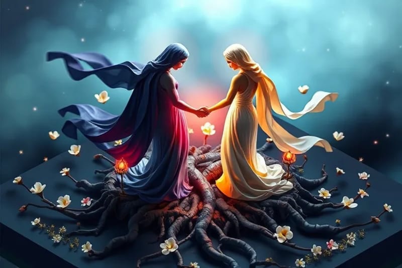 Pintura digital que representa dos figuras, una oscura y otra luminosa, fusionándose en un abrazo, simbolizando la integración de la sombra y la luz.