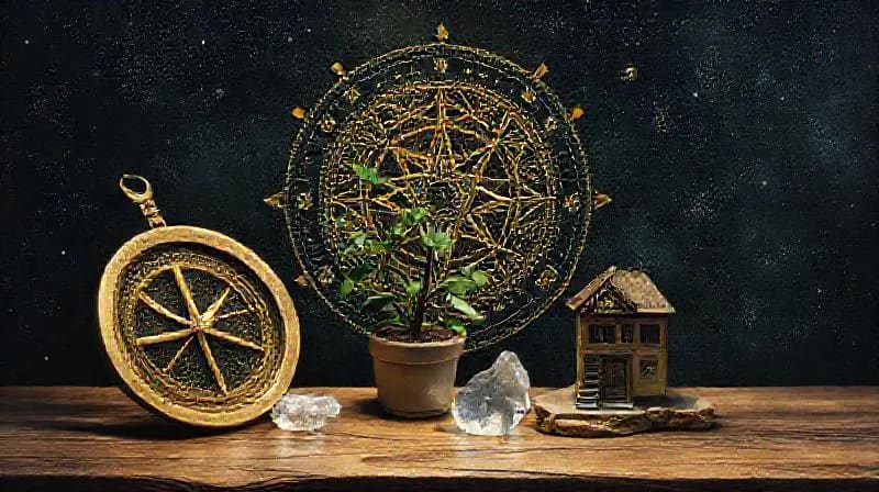 Conceptual oil painting of geomancy tools including a compass, blueprint with sacred geometry, potted plant, and crystal