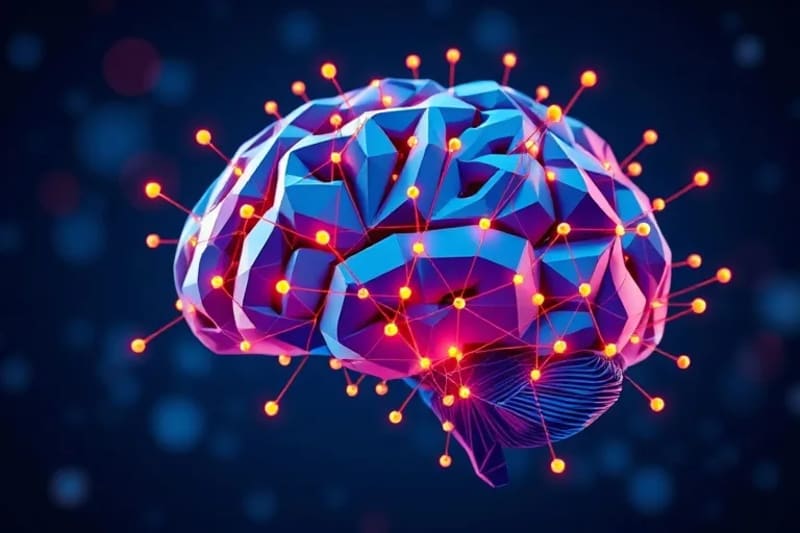 Ilustración vectorial abstracta que representa la interconexión de datos médicos individuales, como genomas y estilos de vida, procesados por un cerebro de IA para generar planes de tratamiento personalizados.