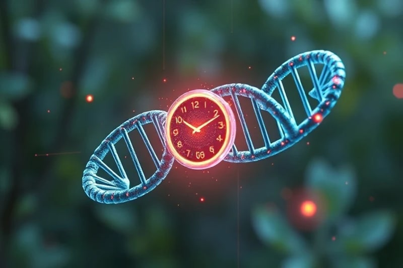 Renderizado 3D conceptual que fusiona una hélice de ADN con un reloj digital, simbolizando la extensión de la vida saludable. Un dispositivo wearable futurista monitorea signos vitales, proyectando datos sutiles sobre un fondo natural y difuminado.