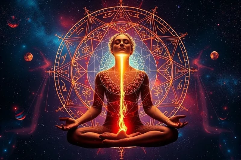 Meditative figure surrounded by glowing astrological symbols and energy streams from their mouth, depicting the power of spoken word.