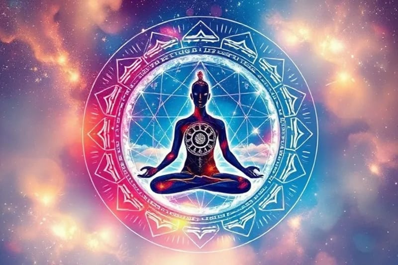 Ilustración acuarela de una figura humana meditando, rodeada de símbolos astrológicos y patrones cósmicos, representando la interacción con energías universales.