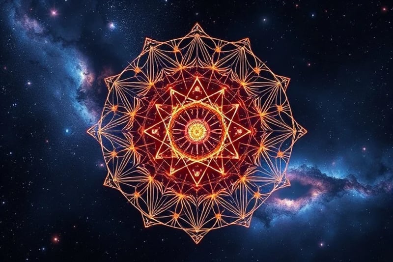 Render 3D de un intrincado mecanismo de relojería celestial con engranajes hechos de polvo estelar y nebulosas, simbolizando el orden y la estructura del universo.