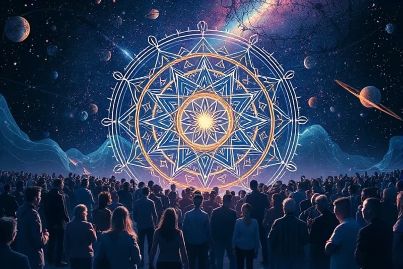 Digital painting of energy waves affecting human crowds, symbolizing planetary transits and their global impact.