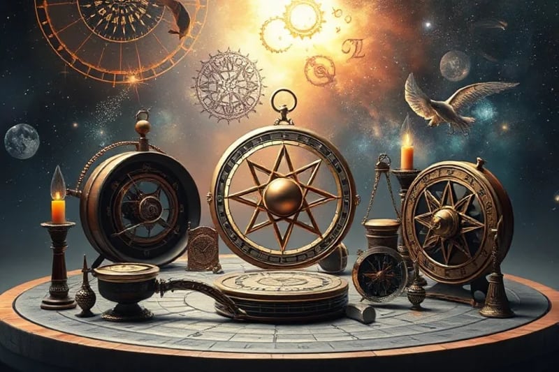 3D render of astrological instruments intertwined with circuit boards and data streams, symbolizing the fusion of ancient wisdom and modern technology.