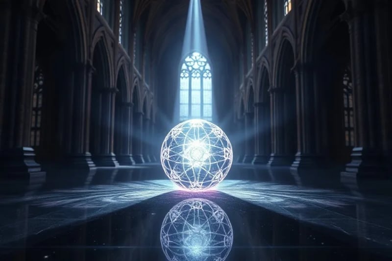 Un rosario futurista con cuentas que brillan con energía cuántica, reflejando patrones de ondas cerebrales y código binario.