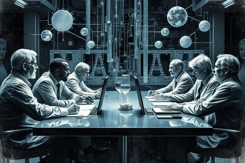 Grupo diverso de científicos y filósofos debatiendo acaloradamente sobre la ética de la inteligencia artificial
